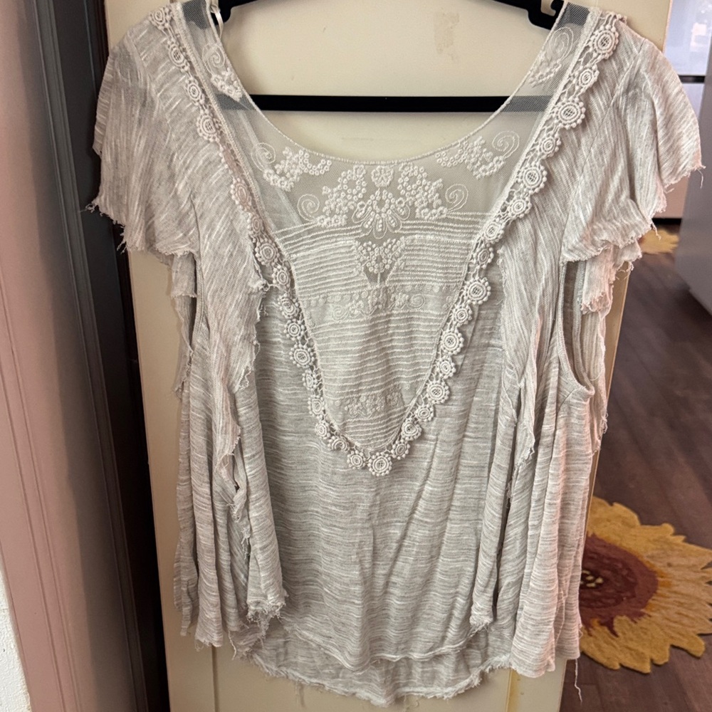 Free People Cream Lace-Trim Short Sleeve Blouse